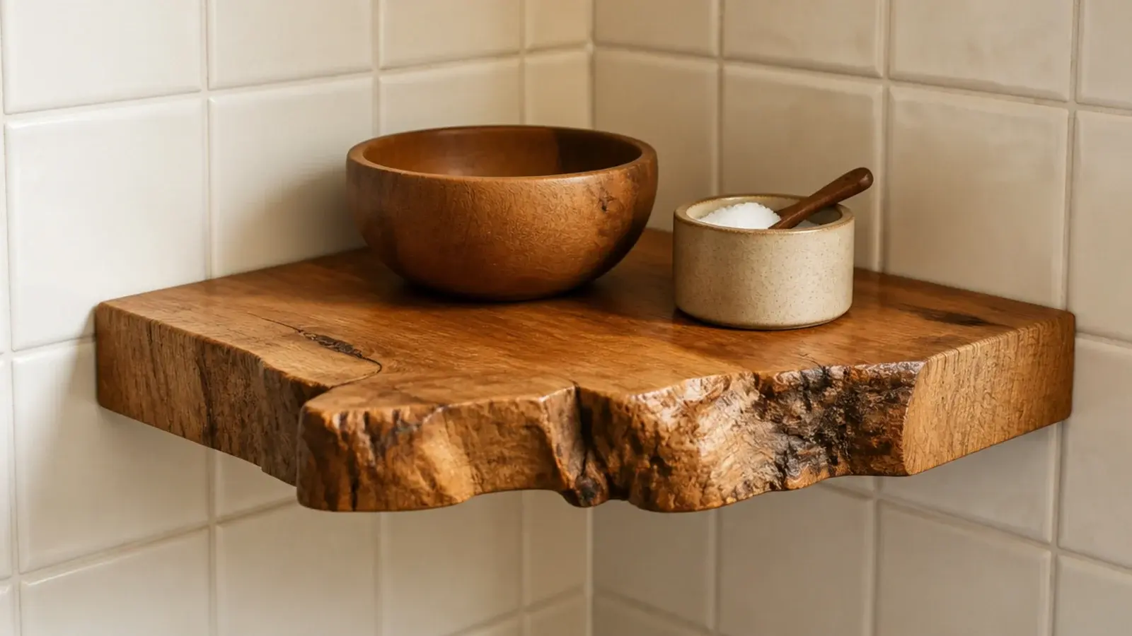 butcher block shelf with a natural live edge on the front side