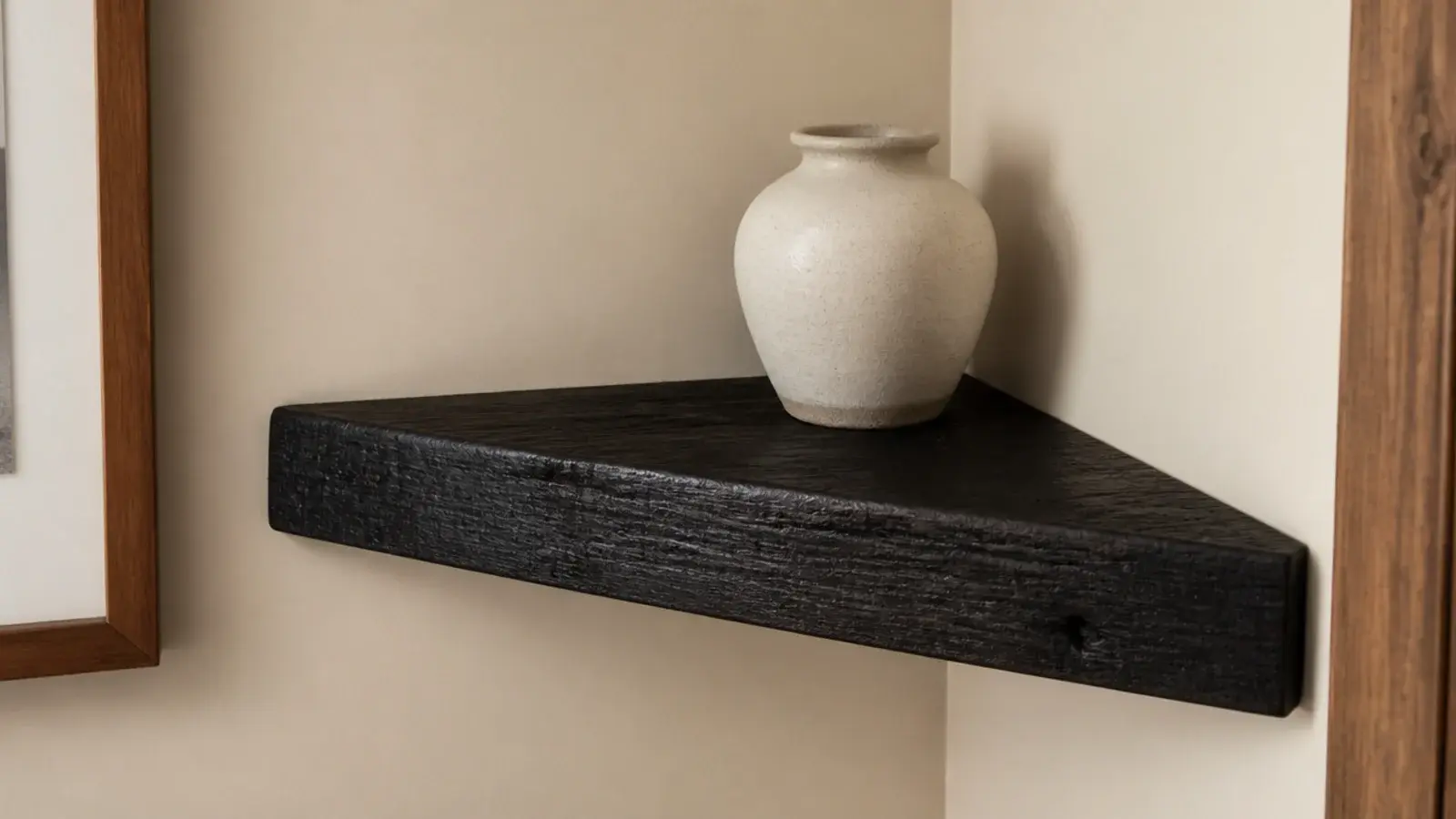 deep black ebonized reclaimed oak shelf with grain still visible