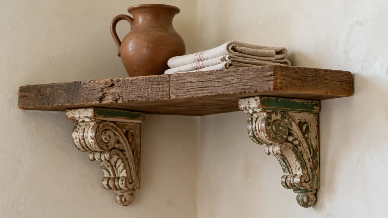carved wooden corbels supporting a rustic timber corner shelf
