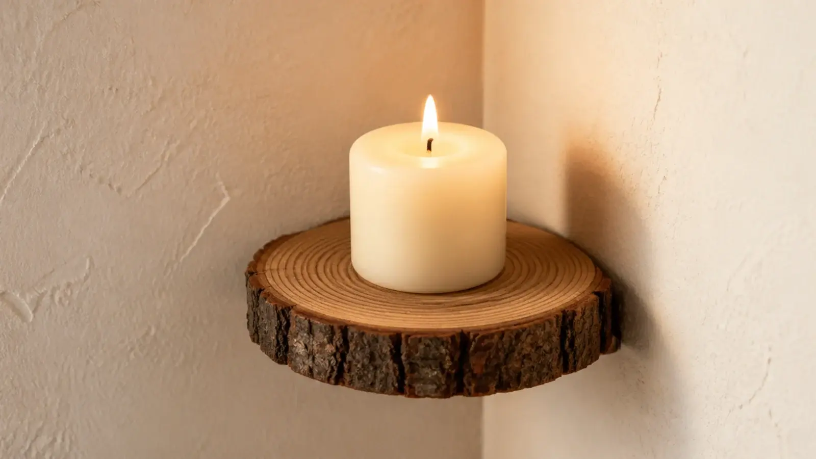 round log slice mounted as a small rustic shelf holding a candle