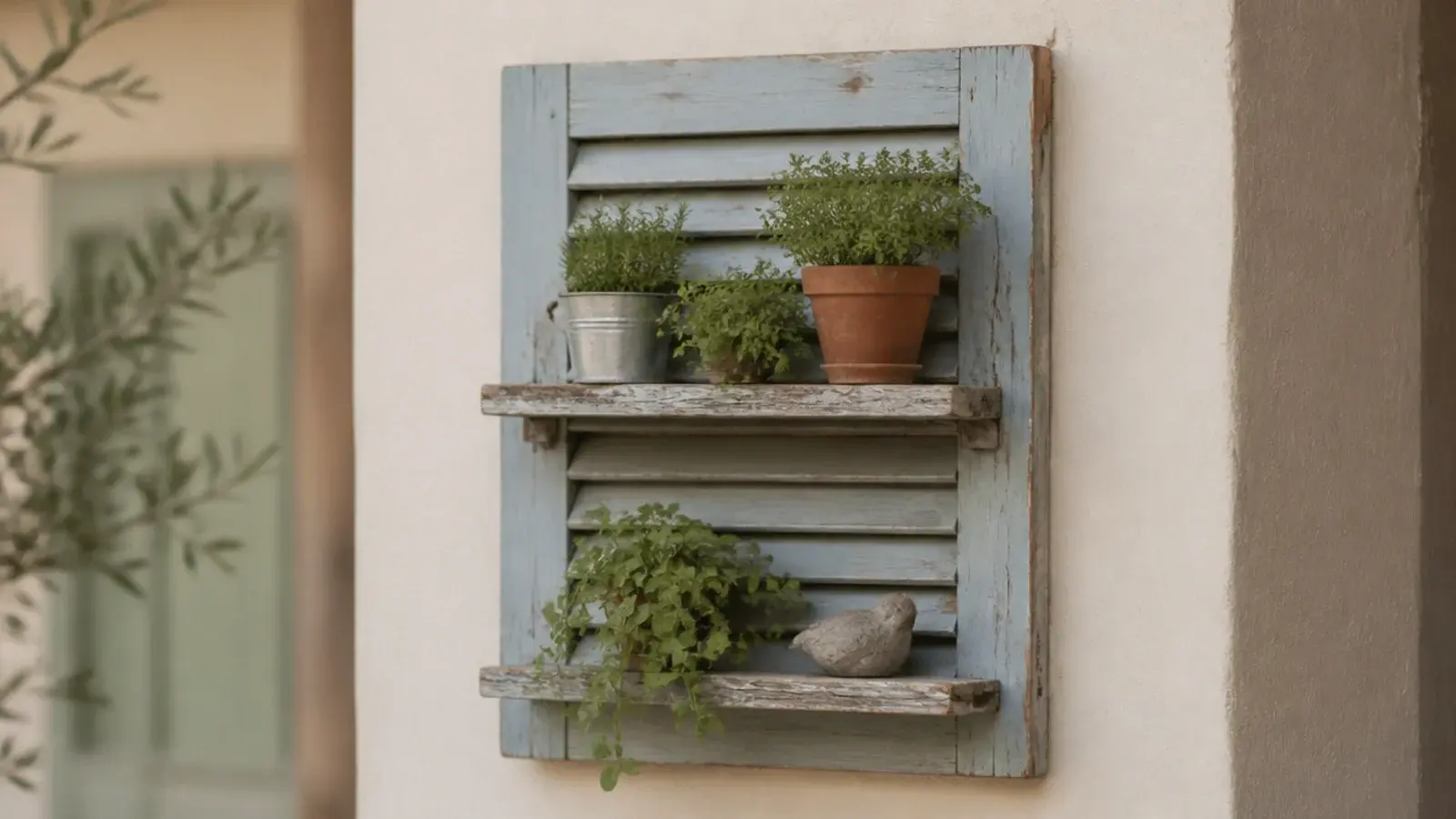 weathered wooden shutter mounted flat behind small rustic shelves