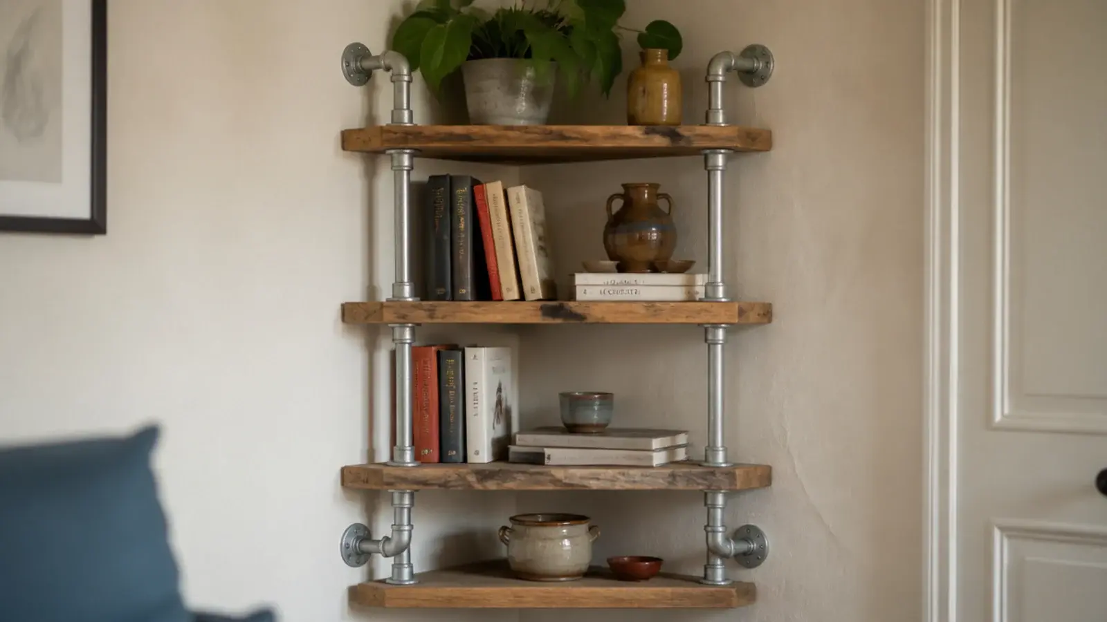 galvanised pipe frame corner shelving unit holding timber boards