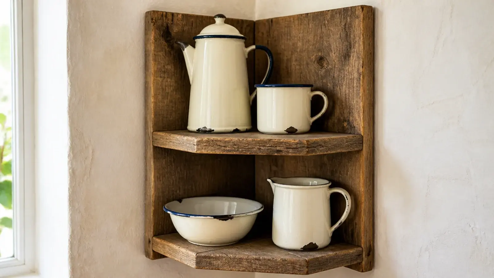 cream enamelware jugs and bowls grouped on a rustic corner shelf