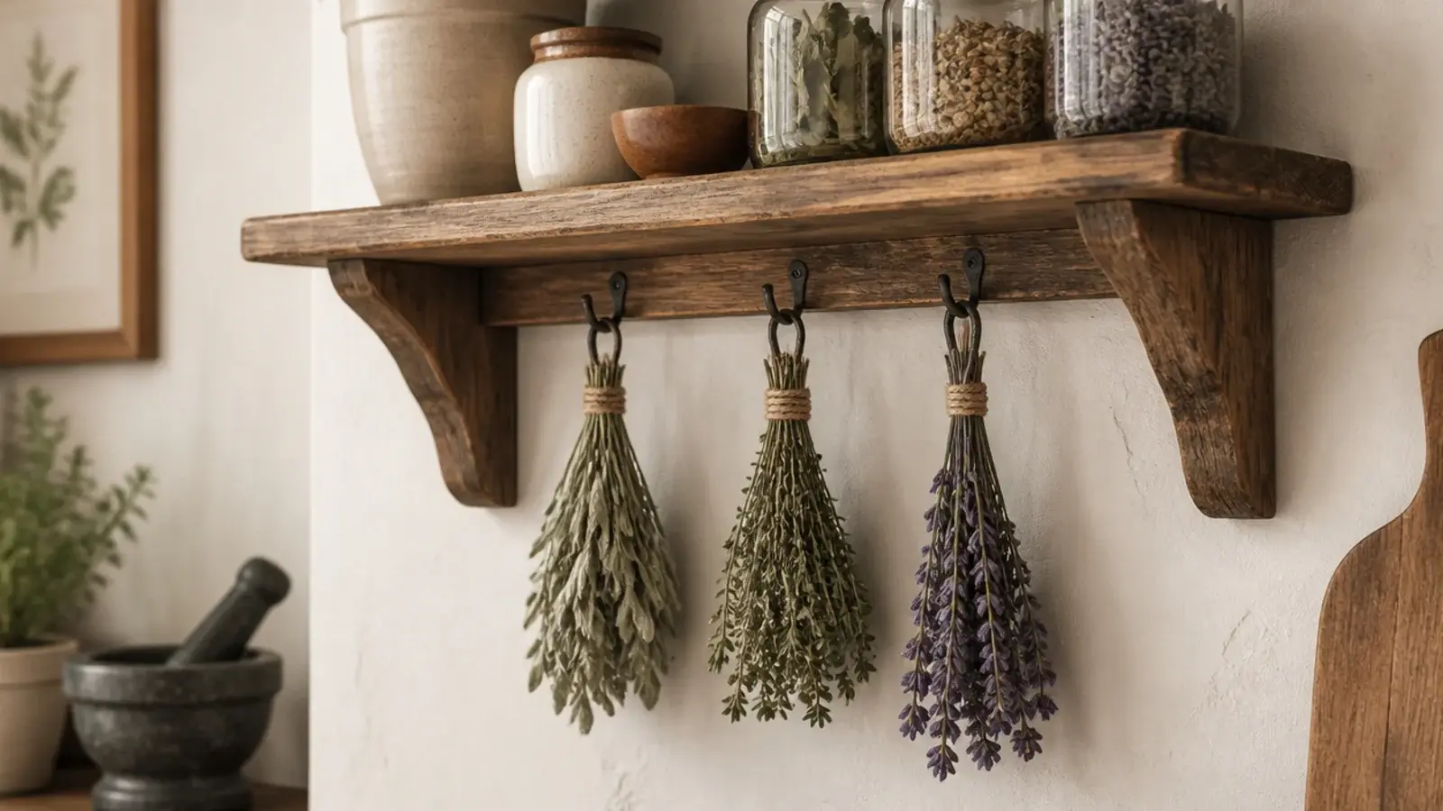 bunches of dried herbs hanging from hooks under a rustic kitchen shelf