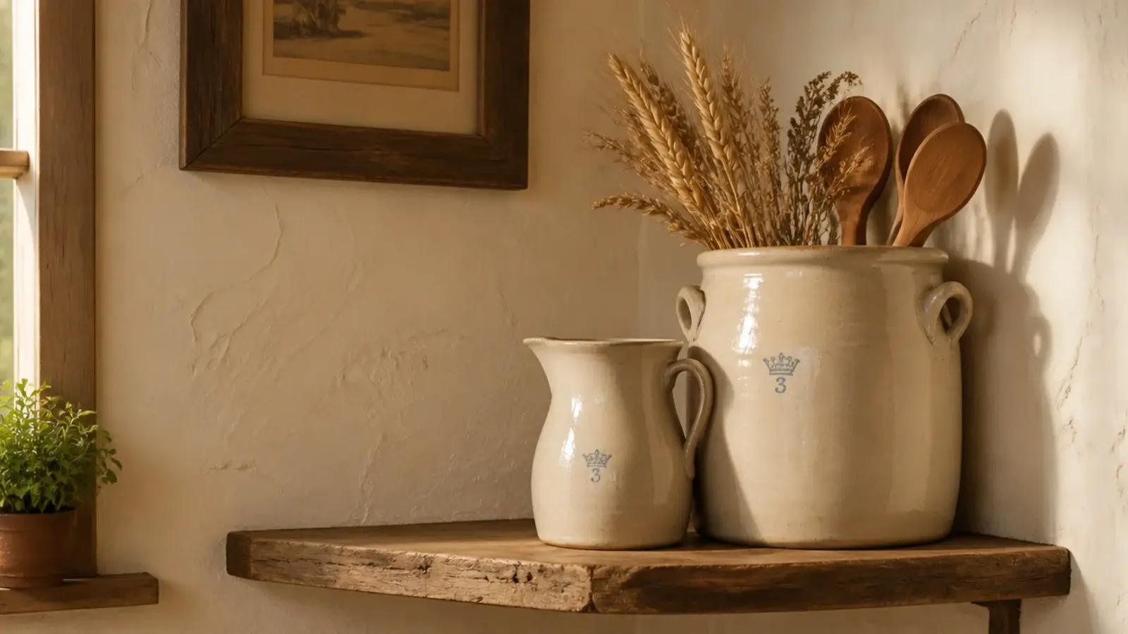 large stoneware crock and pitcher anchoring a rustic corner shelf