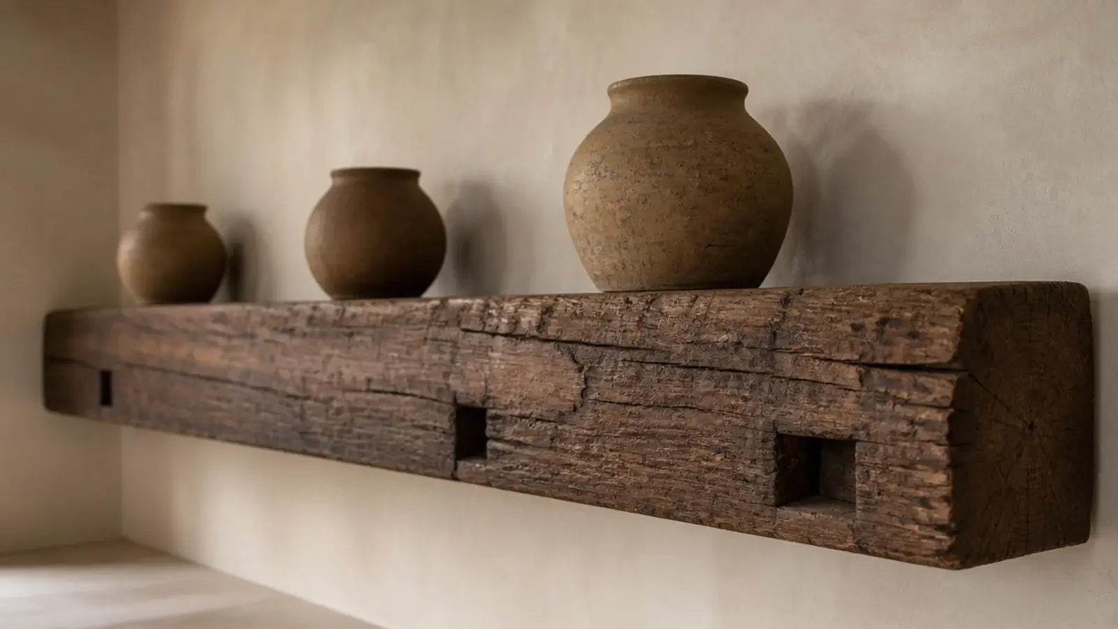 thick reclaimed timber beam mounted as one deep rustic corner shelf