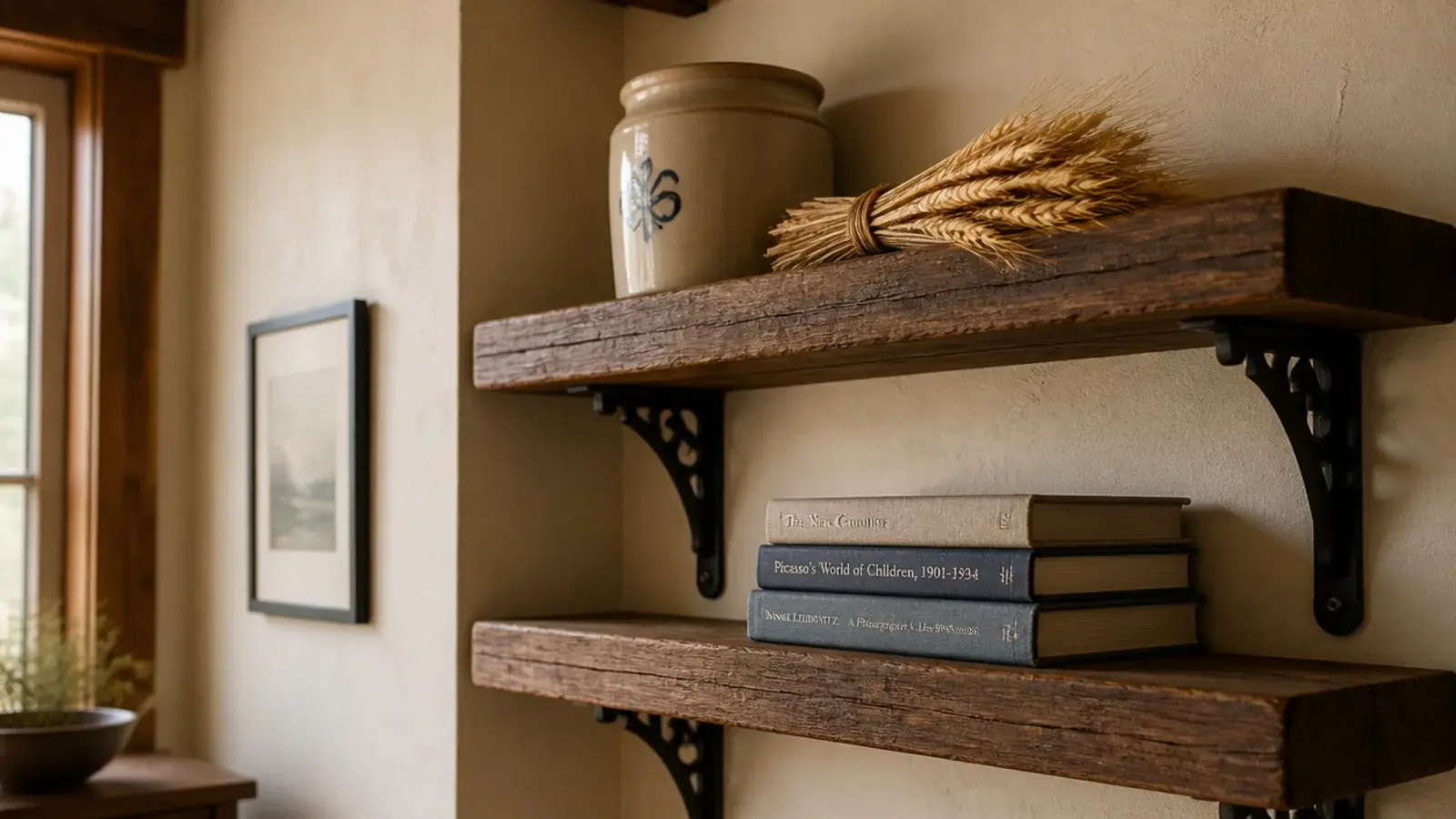 rustic corner shelves in reclaimed wood on black iron brackets with pottery