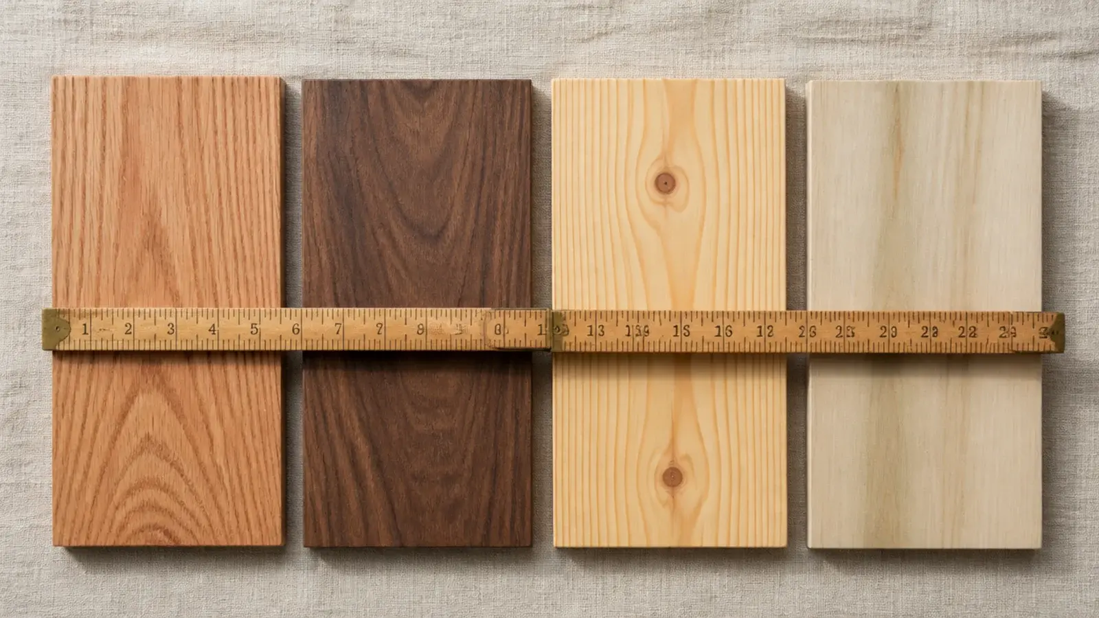 oak walnut pine and poplar board samples laid out for comparison