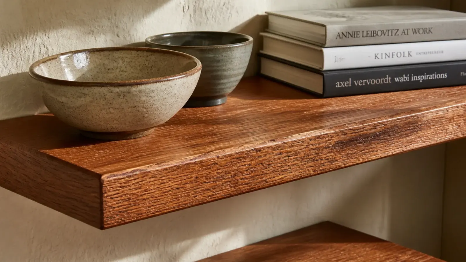 solid red oak corner shelf with open grain holding stoneware and books