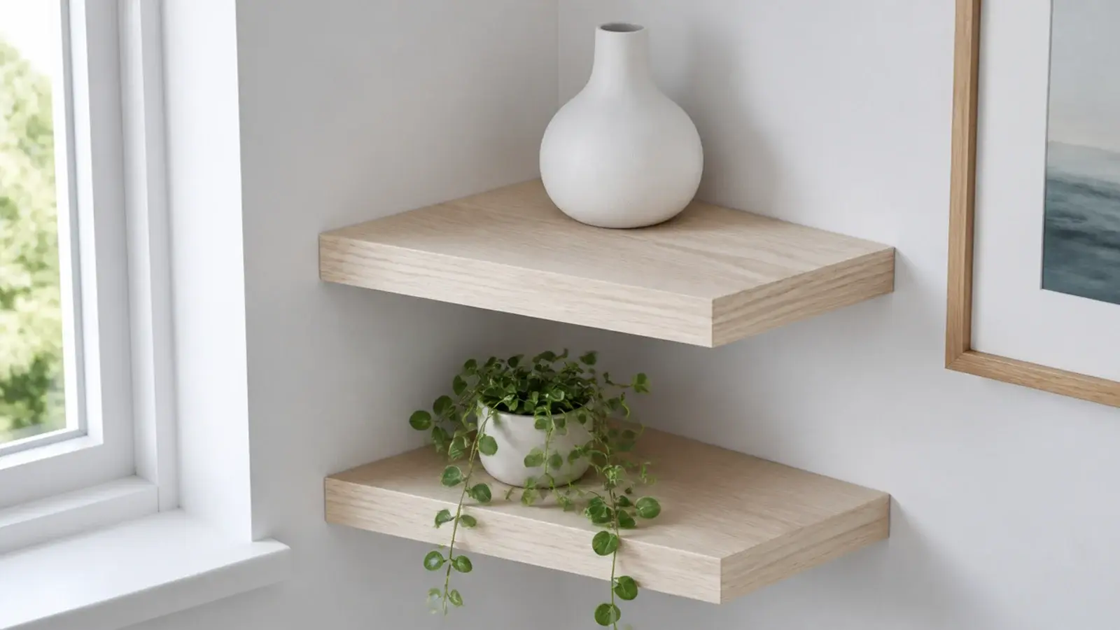 pale white oak corner shelves with tight straight grain in a bright room