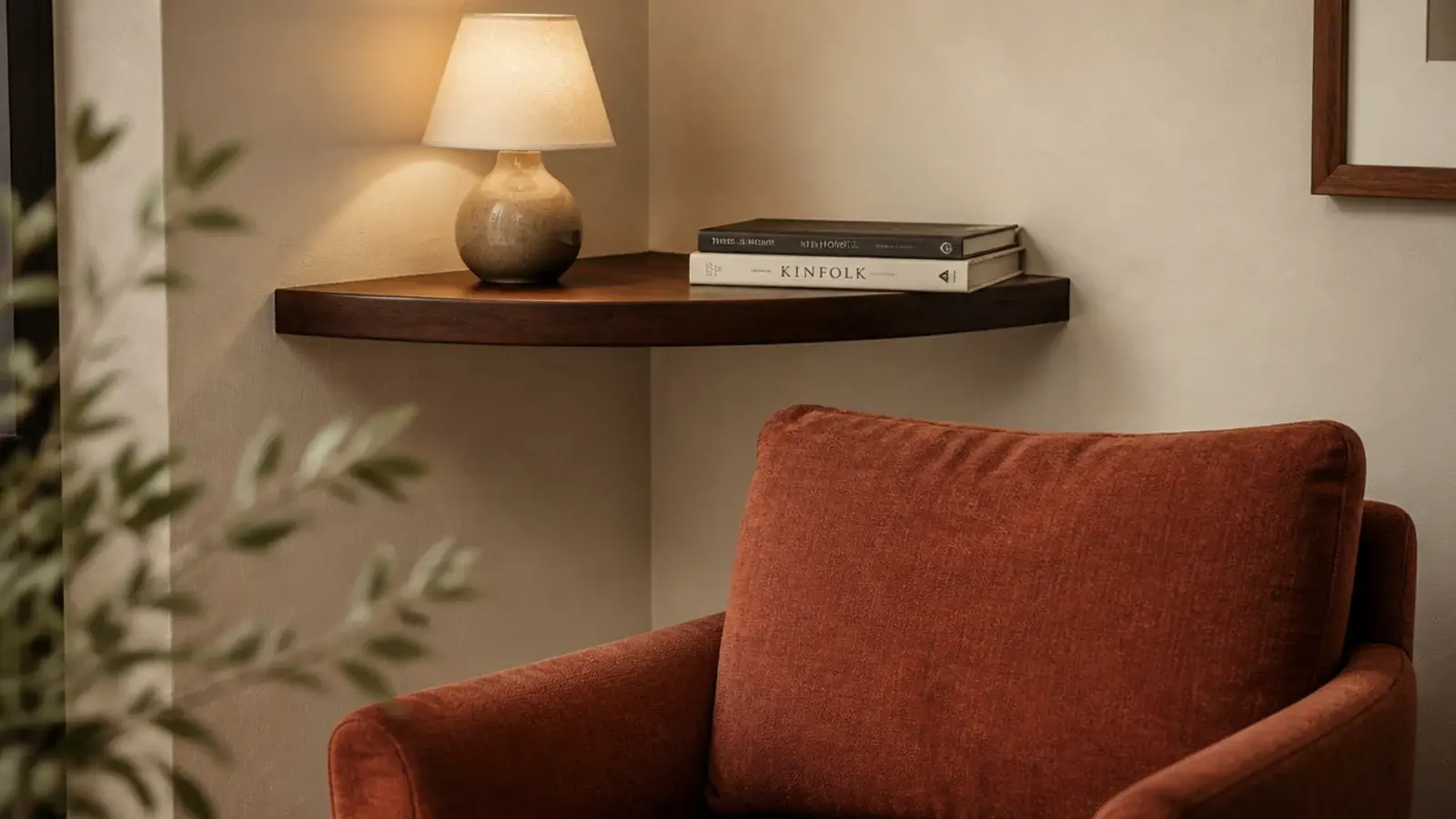 single dark walnut corner shelf with rich grain above a linen chair