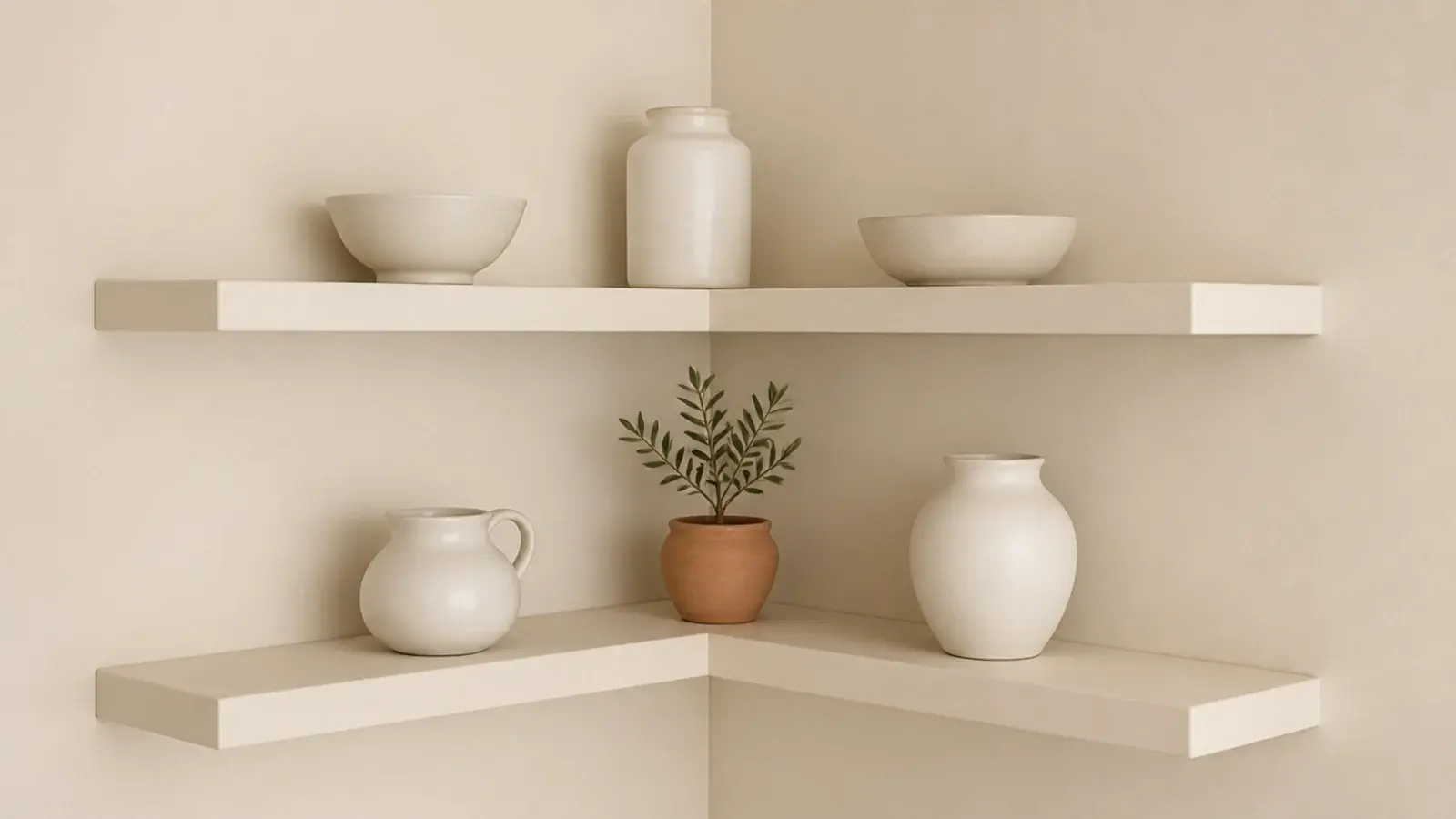 smoothly painted poplar corner shelf with no visible grain texture