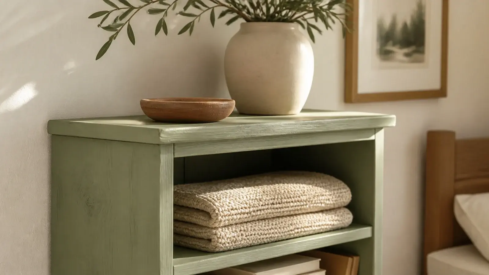 sage painted pine corner shelf with soft brush texture in a bedroom