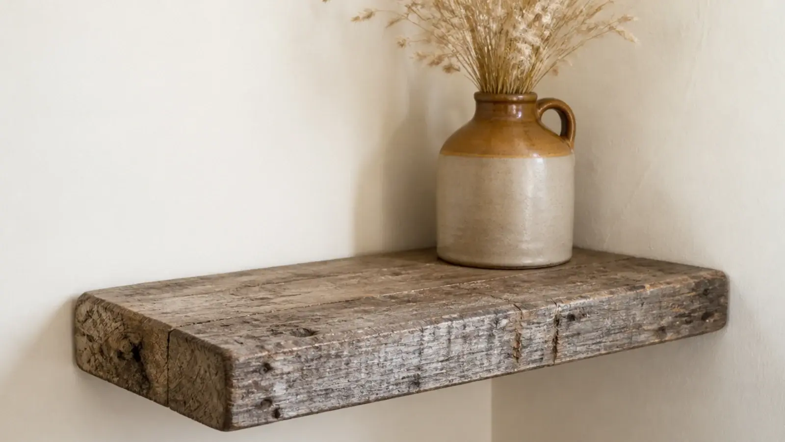 weathered reclaimed scaffold board corner shelf with old saw marks