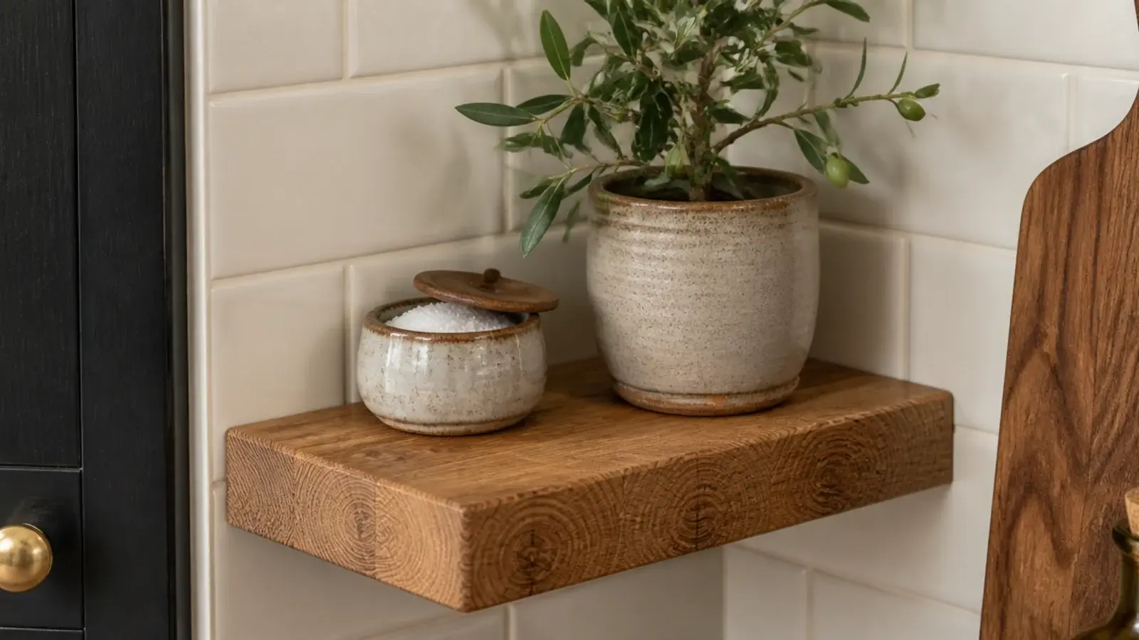 thick butcher block offcut corner shelf showing end grain detail