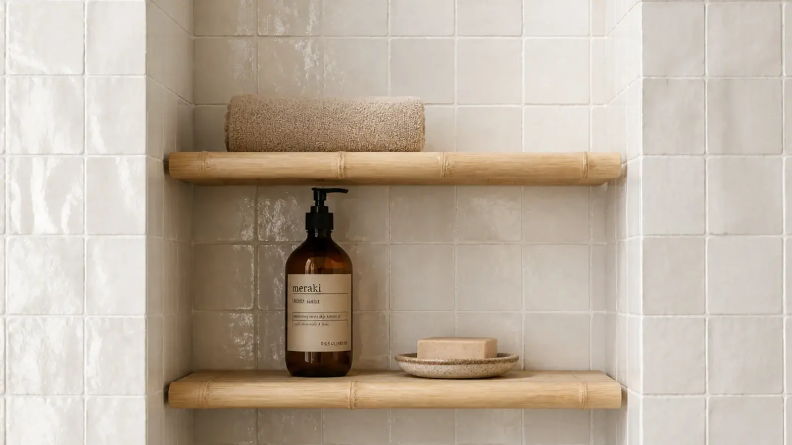 pale bamboo corner shelf in a bathroom holding rolled towels