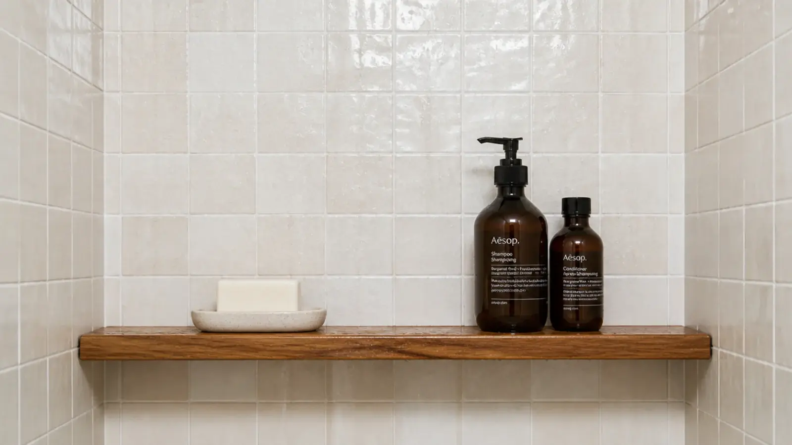 sealed teak corner shelf inside a tiled shower with soap and bottles