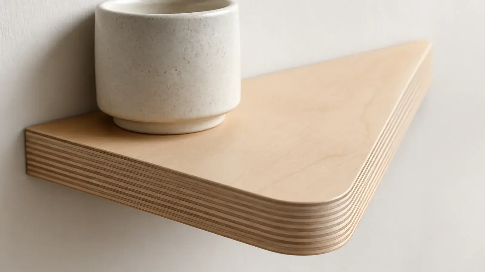 birch plywood corner shelf with visible layered edge lamination