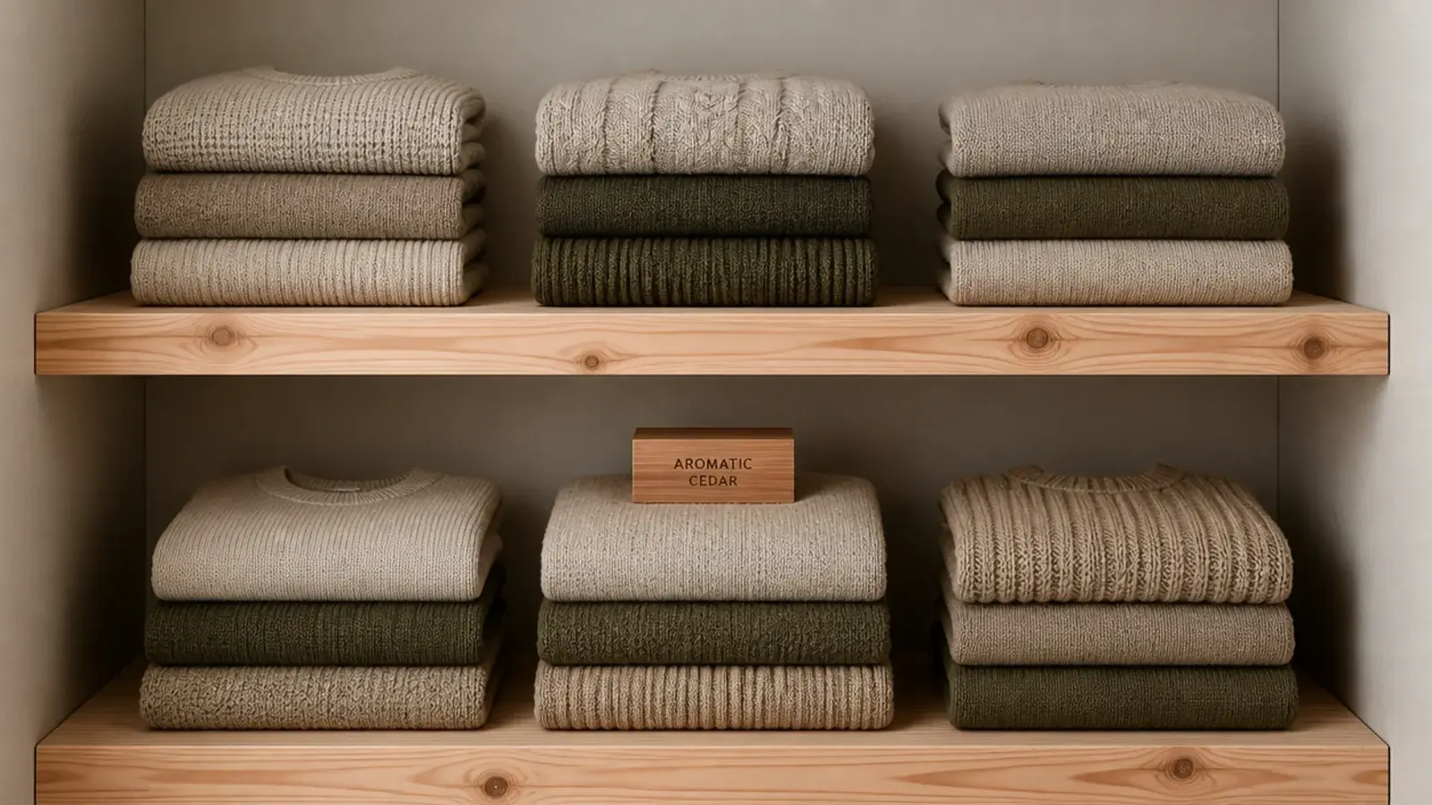pale aromatic cedar corner shelves inside a closet holding folded knits