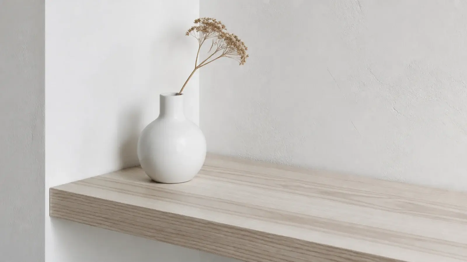 pale ash corner shelf with strong straight grain in a bright room