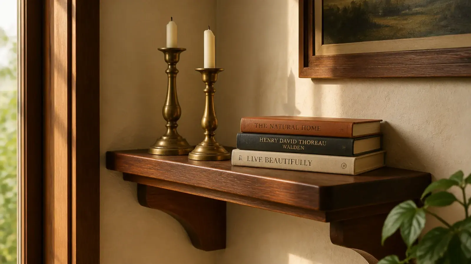 warm cherry wood corner shelf with a deepening reddish patina