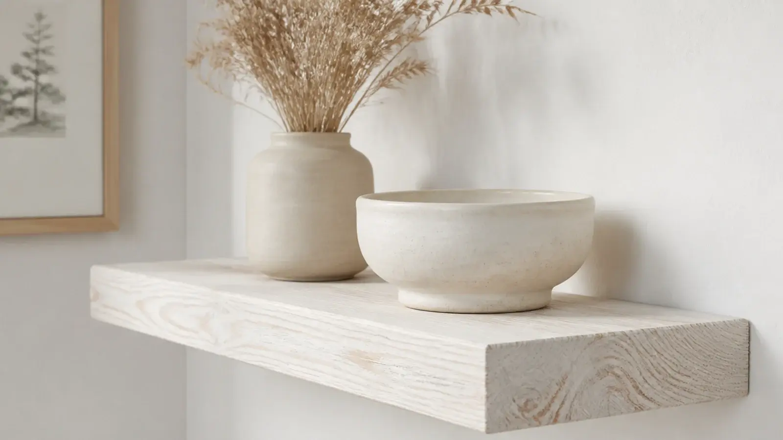 whitewashed pine corner shelf with grain showing through pale finish