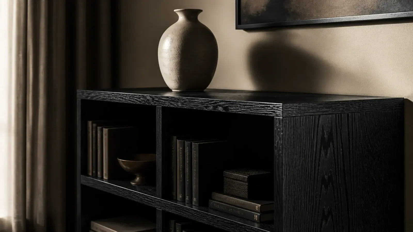 deep black ebonized oak corner shelf with visible grain texture