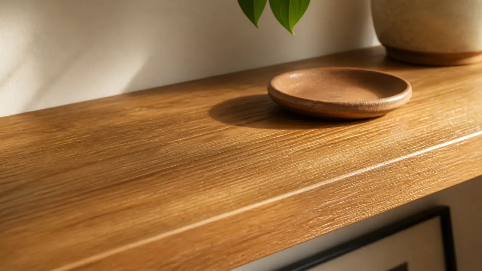 oak corner shelf with a soft danish oil sheen catching window light