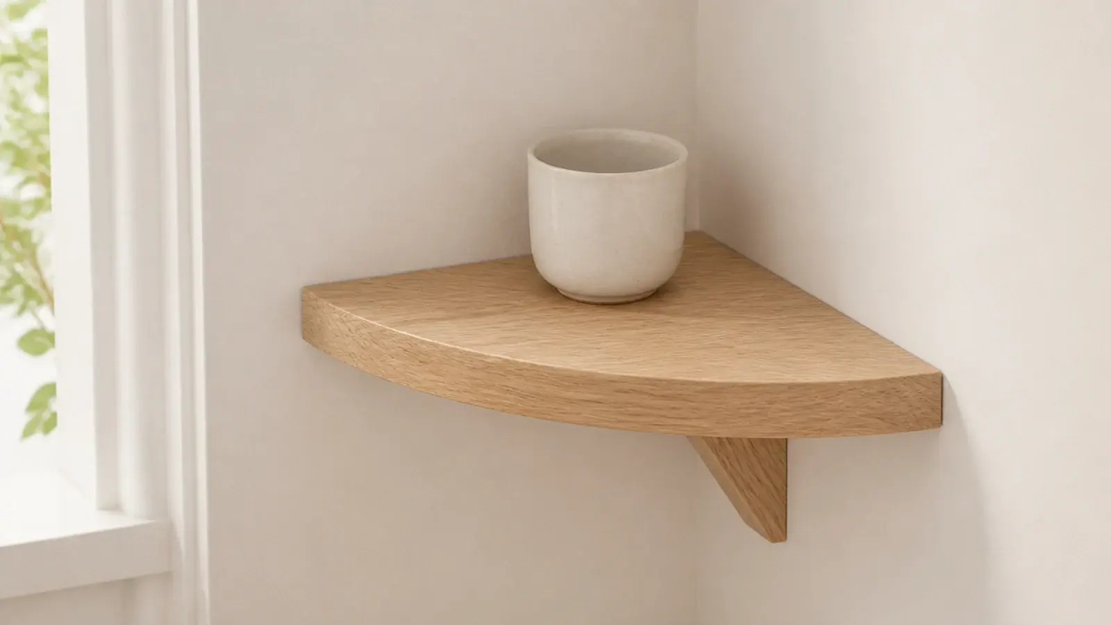 raw oak corner shelf finished only with clear wax keeping its pale tone