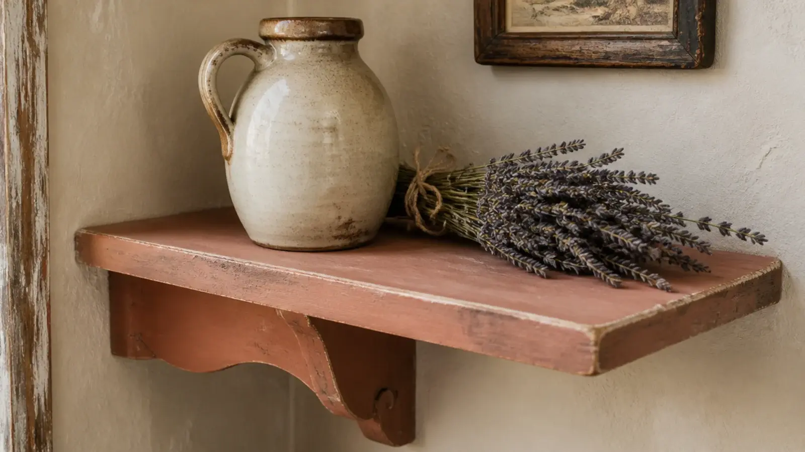 chalky milk painted corner shelf in soft clay tone with worn edges