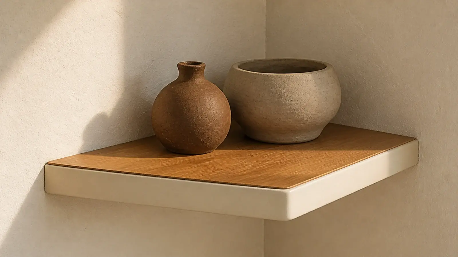 corner shelf with cream painted underside and natural oak top surface