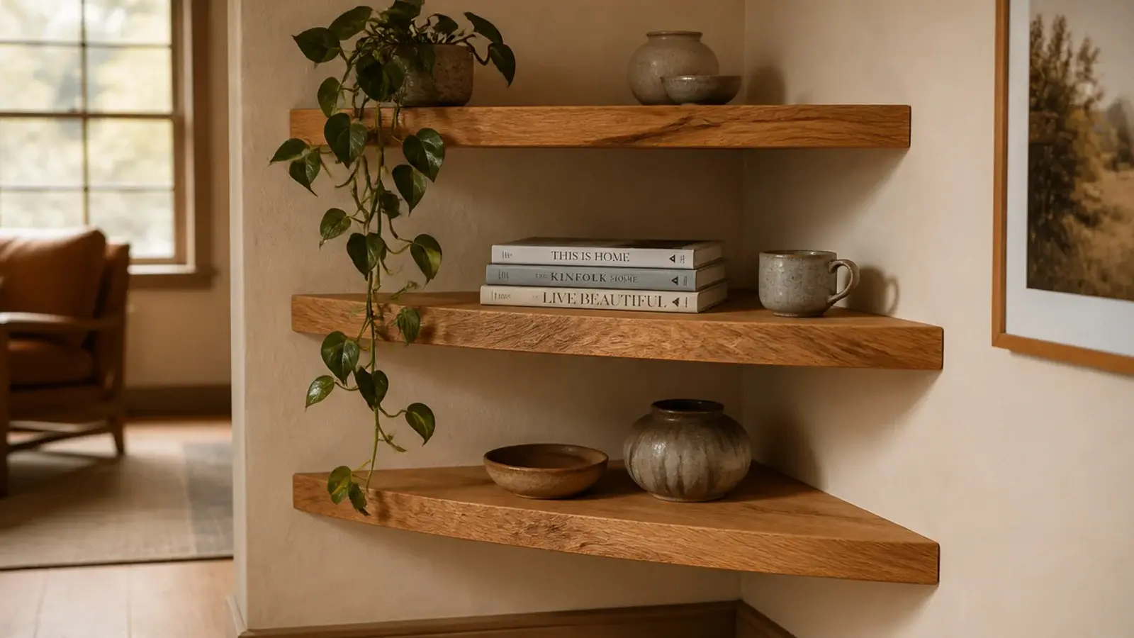 gorgeous wooden corner shelves in warm oak styled with pottery and greenery