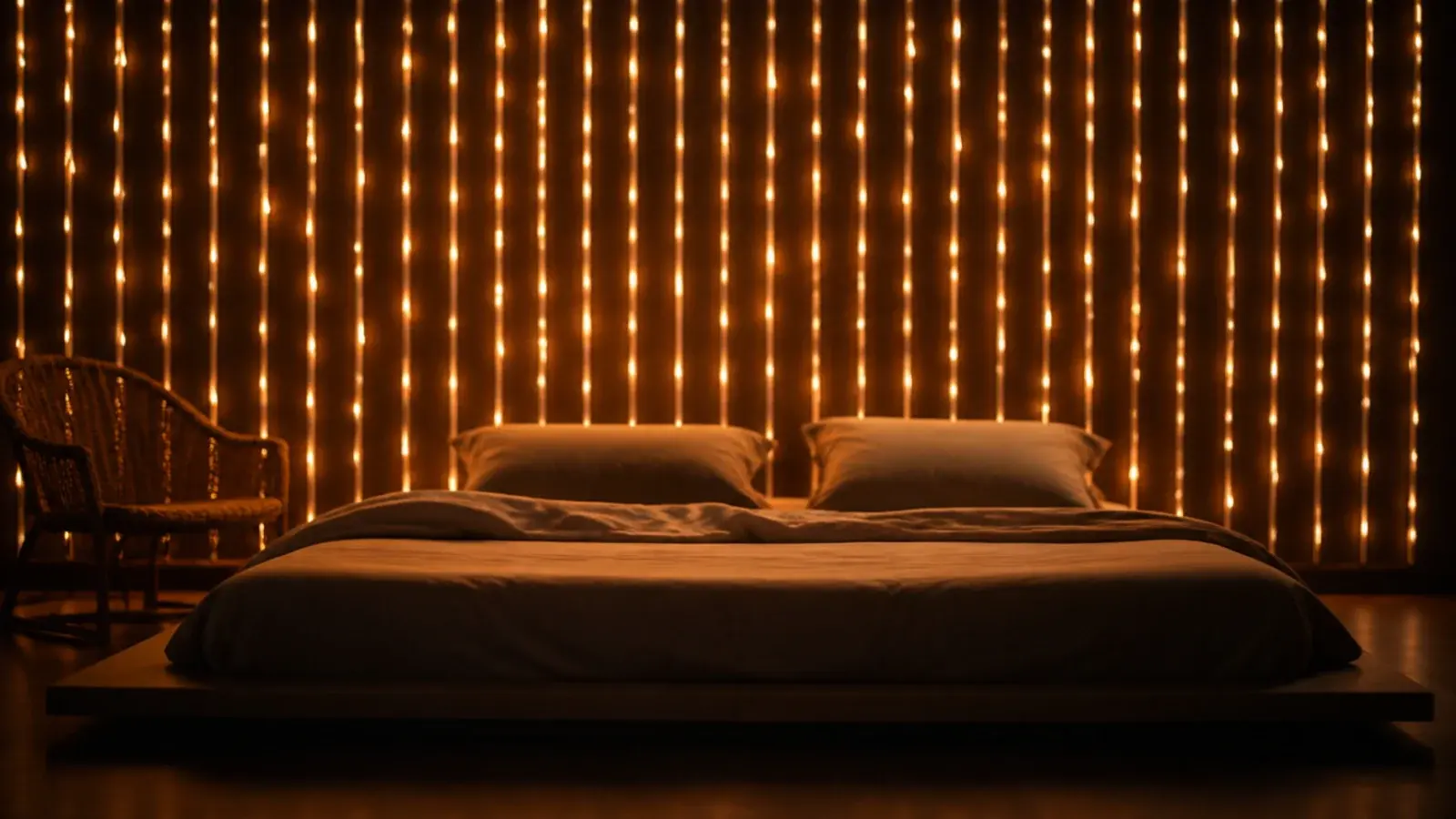 dense wall of hanging light drops covering the whole space behind a bed