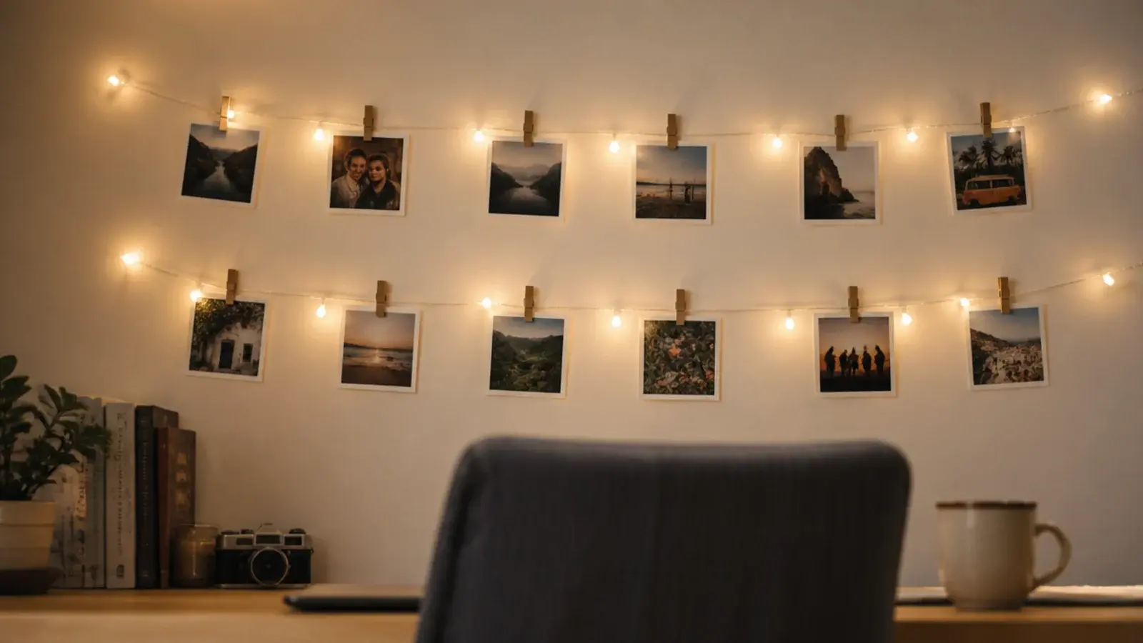 small prints pegged along two lit strands across a bedroom wall