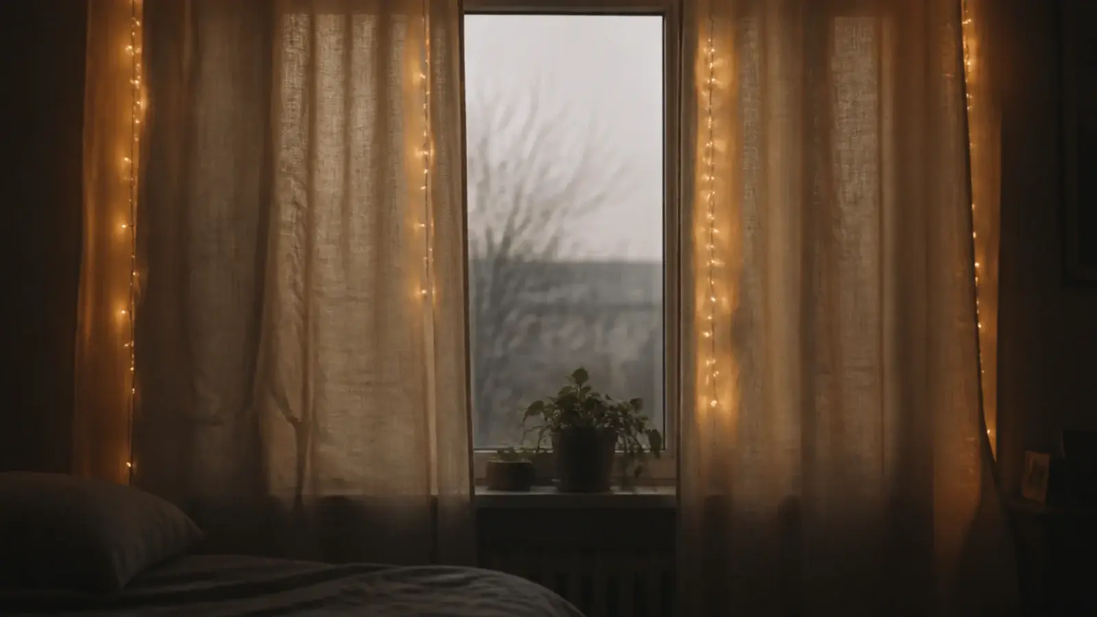 lights around a window frame partly hidden by drawn curtains
