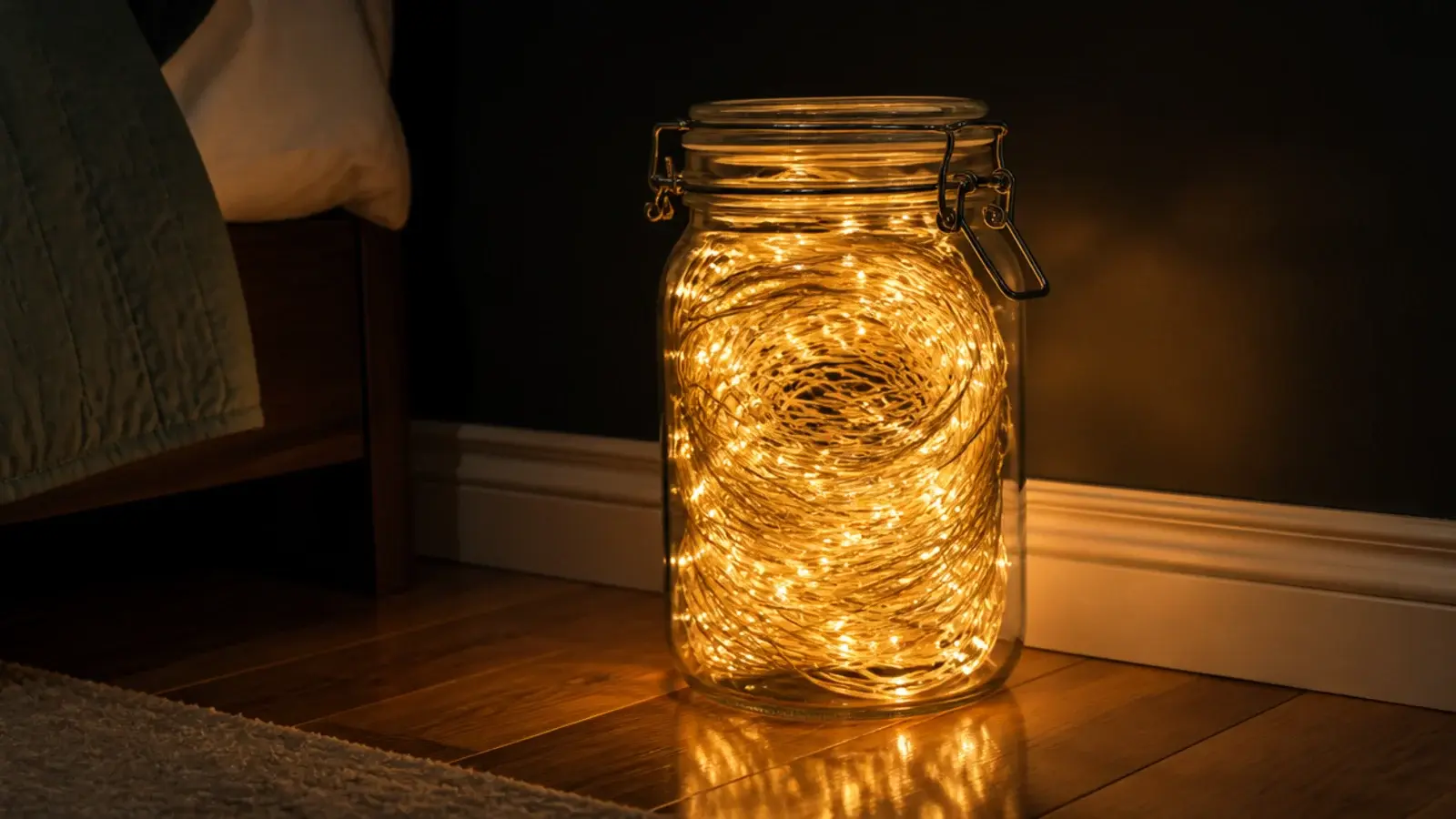 large kitchen storage jar filled with a coiled glowing light strand