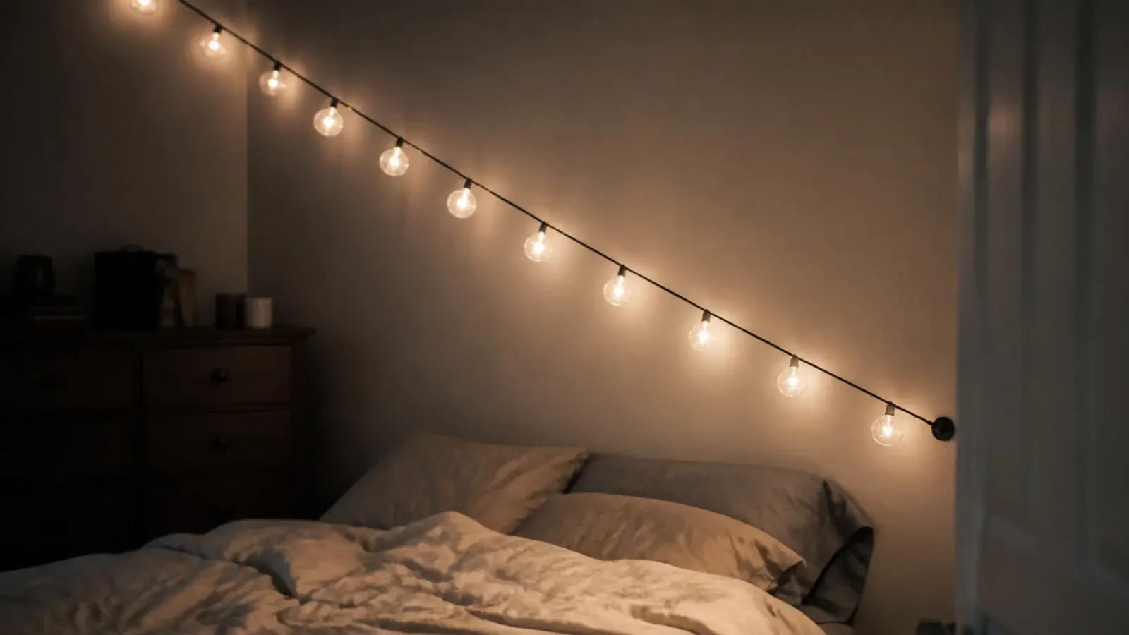 string of glass globe bulbs crossing a bedroom corner to corner