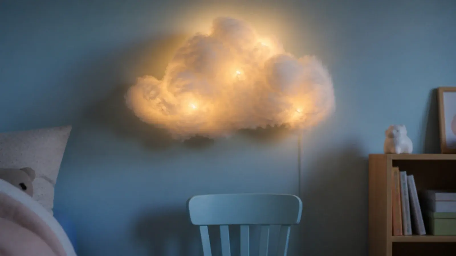 cotton wadding cloud shape on a bedroom wall with lights inside