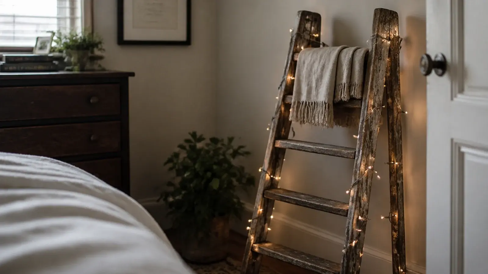 wooden step ladder wrapped in lights standing in a bedroom corner