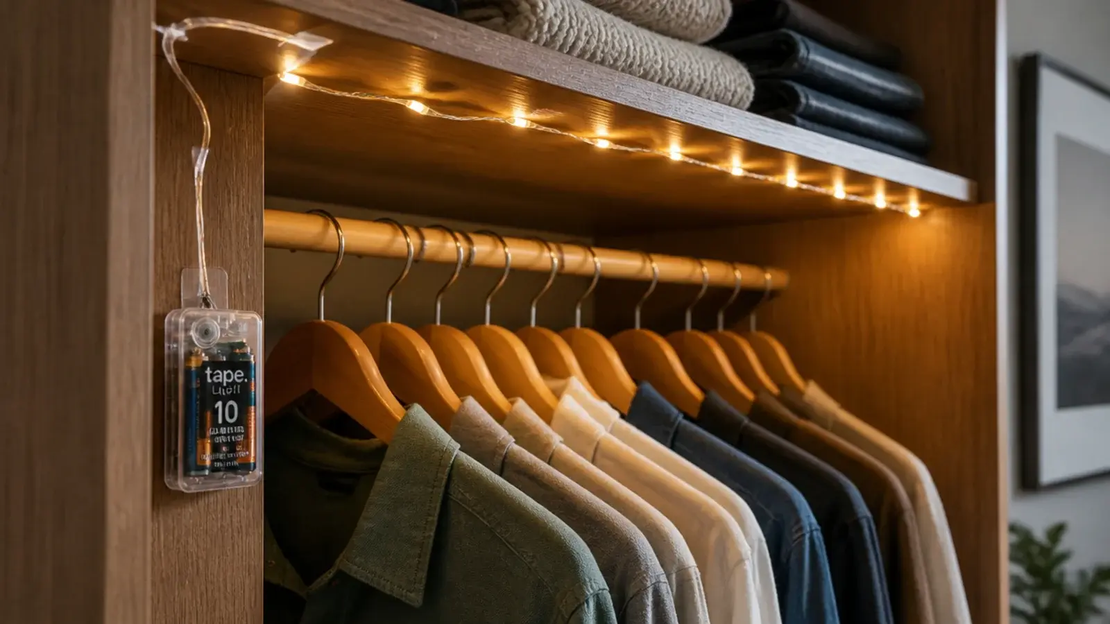 wardrobe rail lit by a battery strand fixed under the top shelf