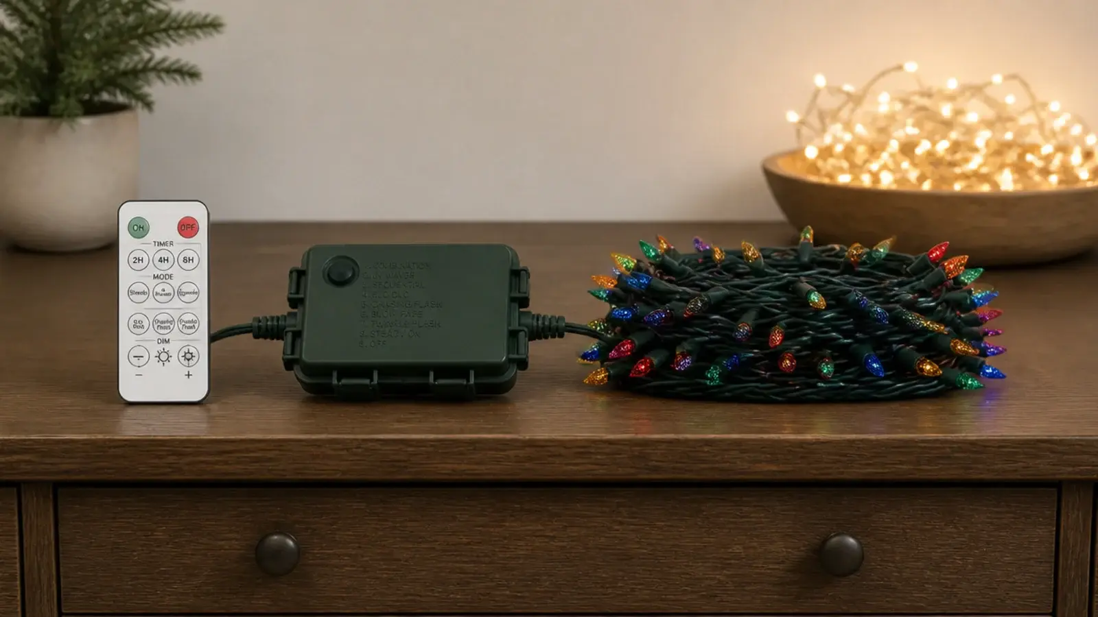 remote control and receiver box beside a coiled colour changing strand