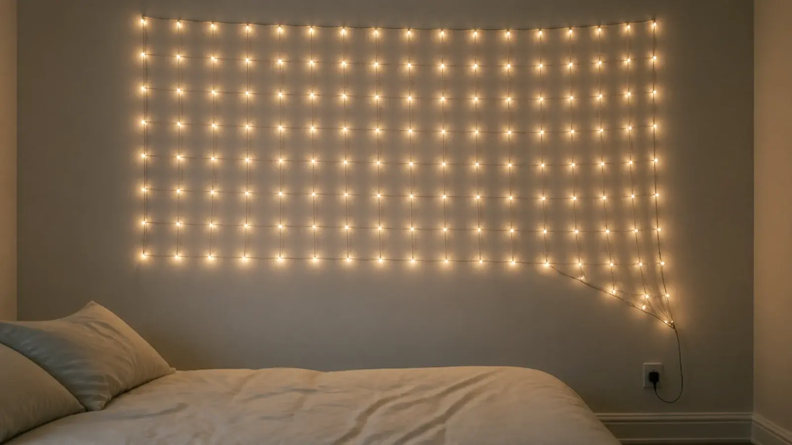 rigid grid of net lights pinned flat against a bedroom wall