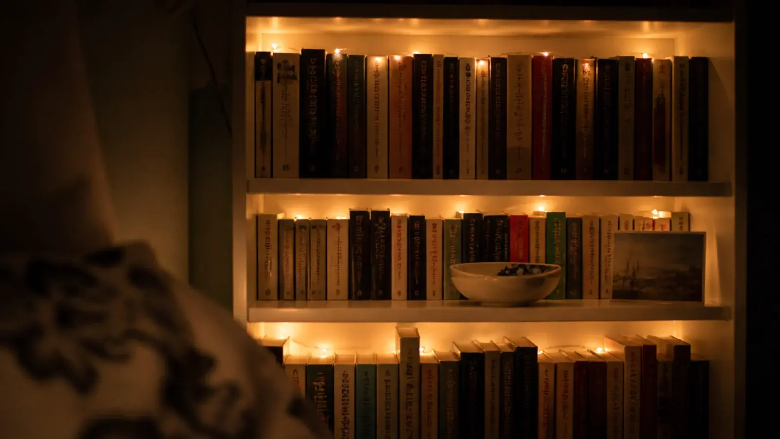 light strand woven behind the books on a painted bedroom bookcase