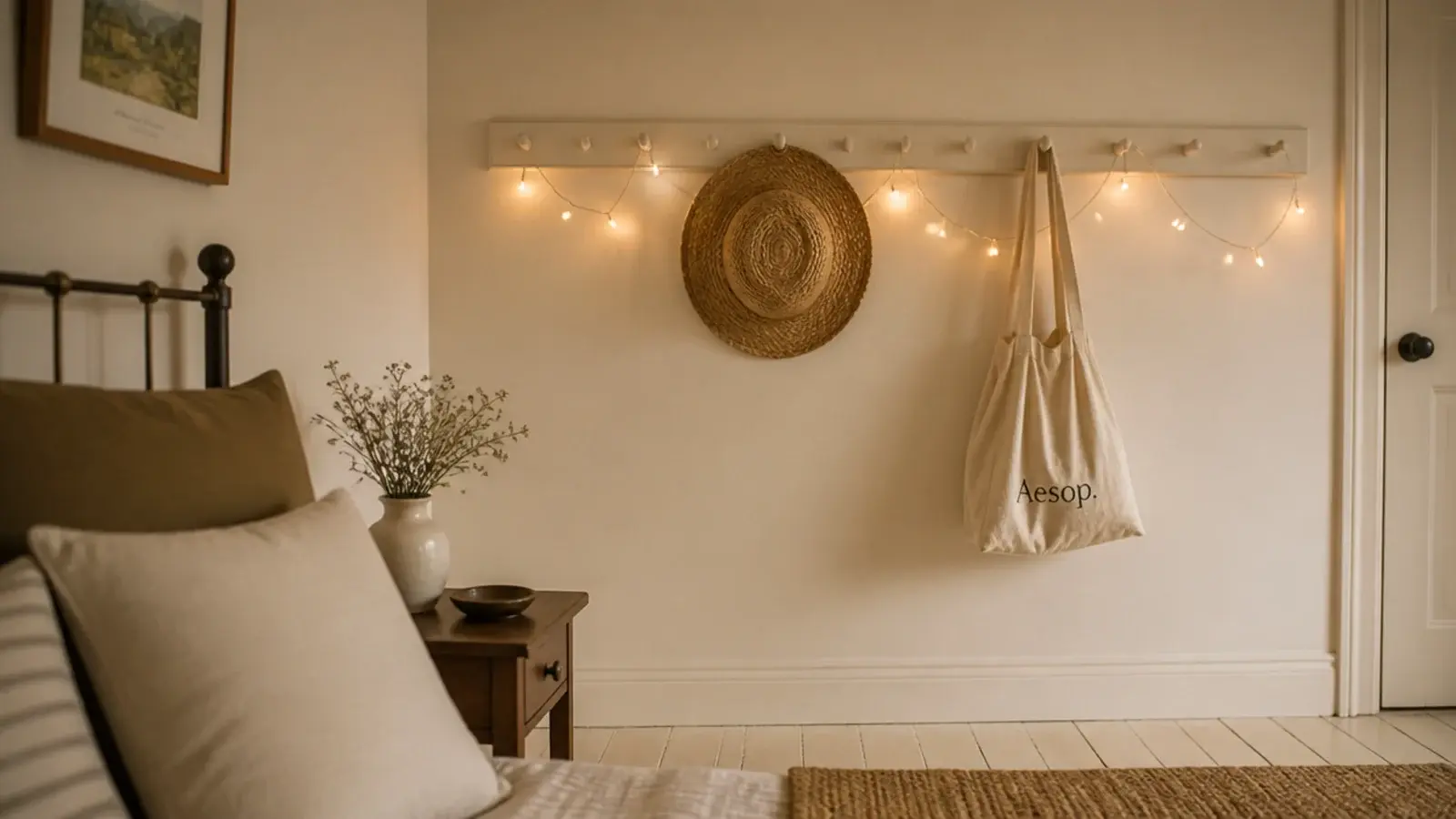 wooden peg rail with a light strand looped between hanging bags