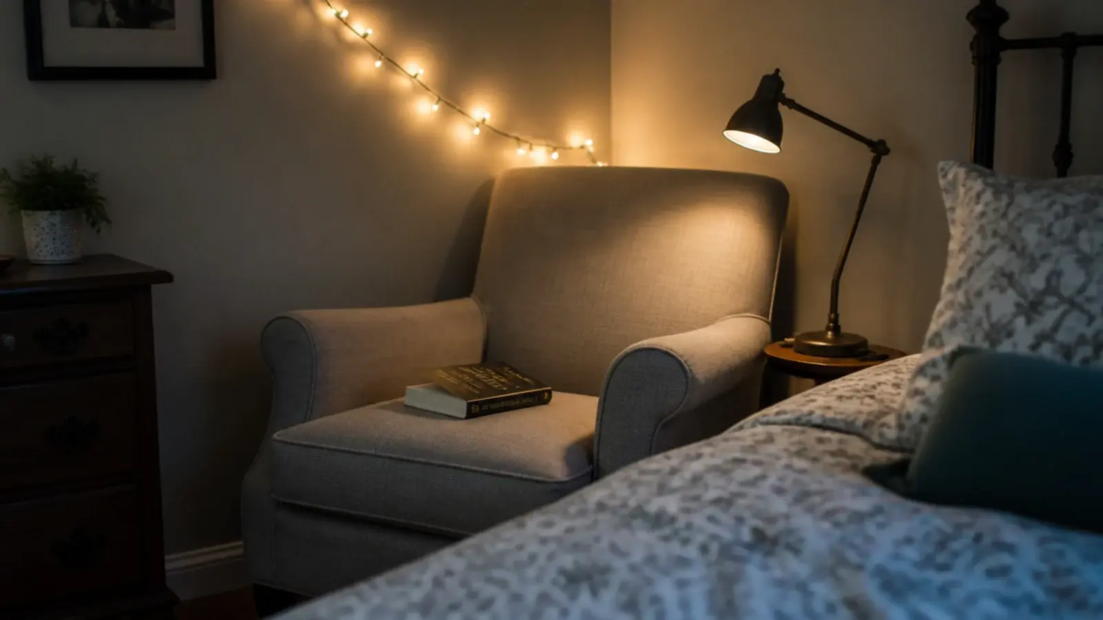 upholstered chair in a corner lit by a lamp and wall strand