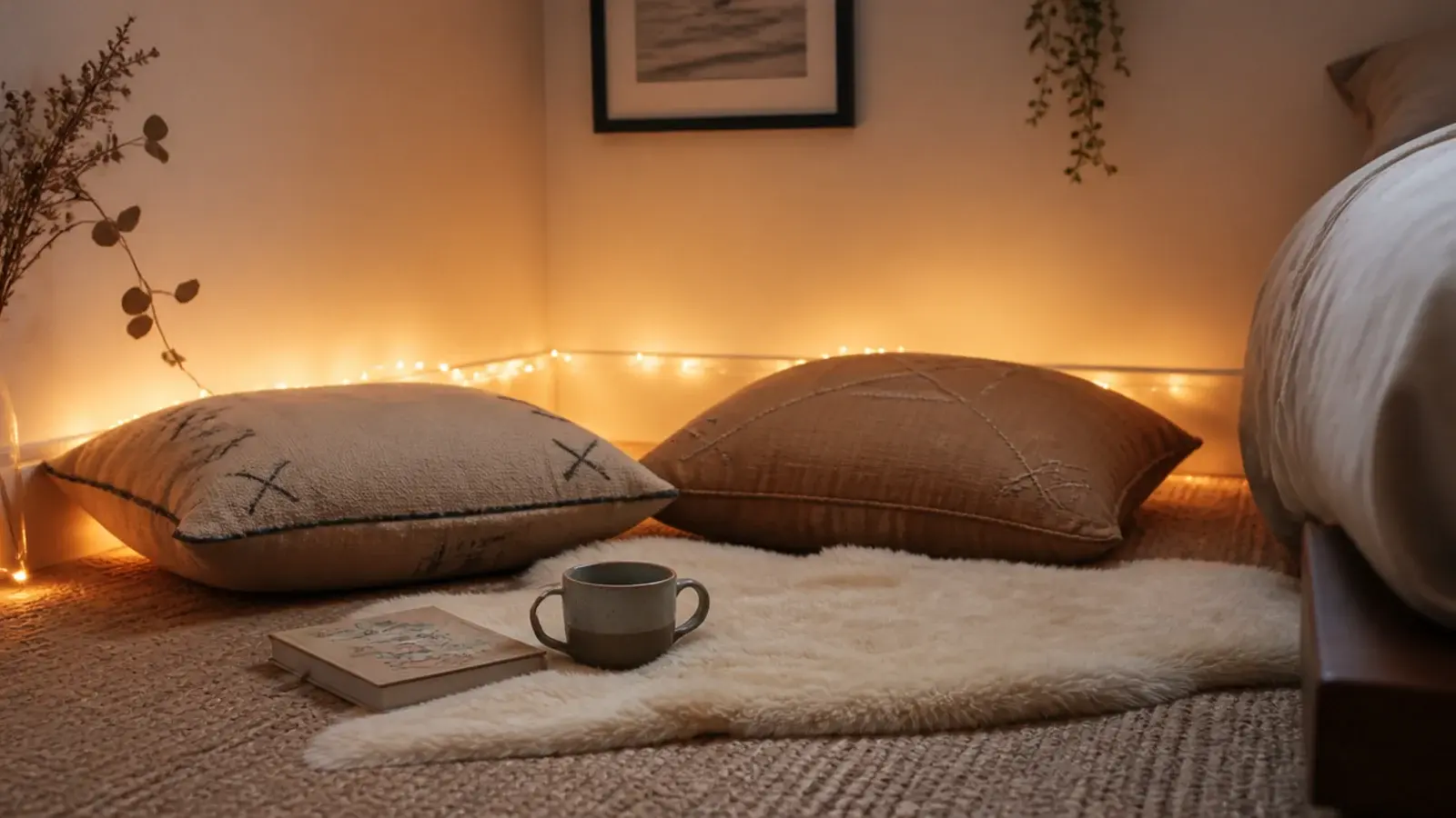 floor cushions and a sheepskin lit low in a bedroom corner