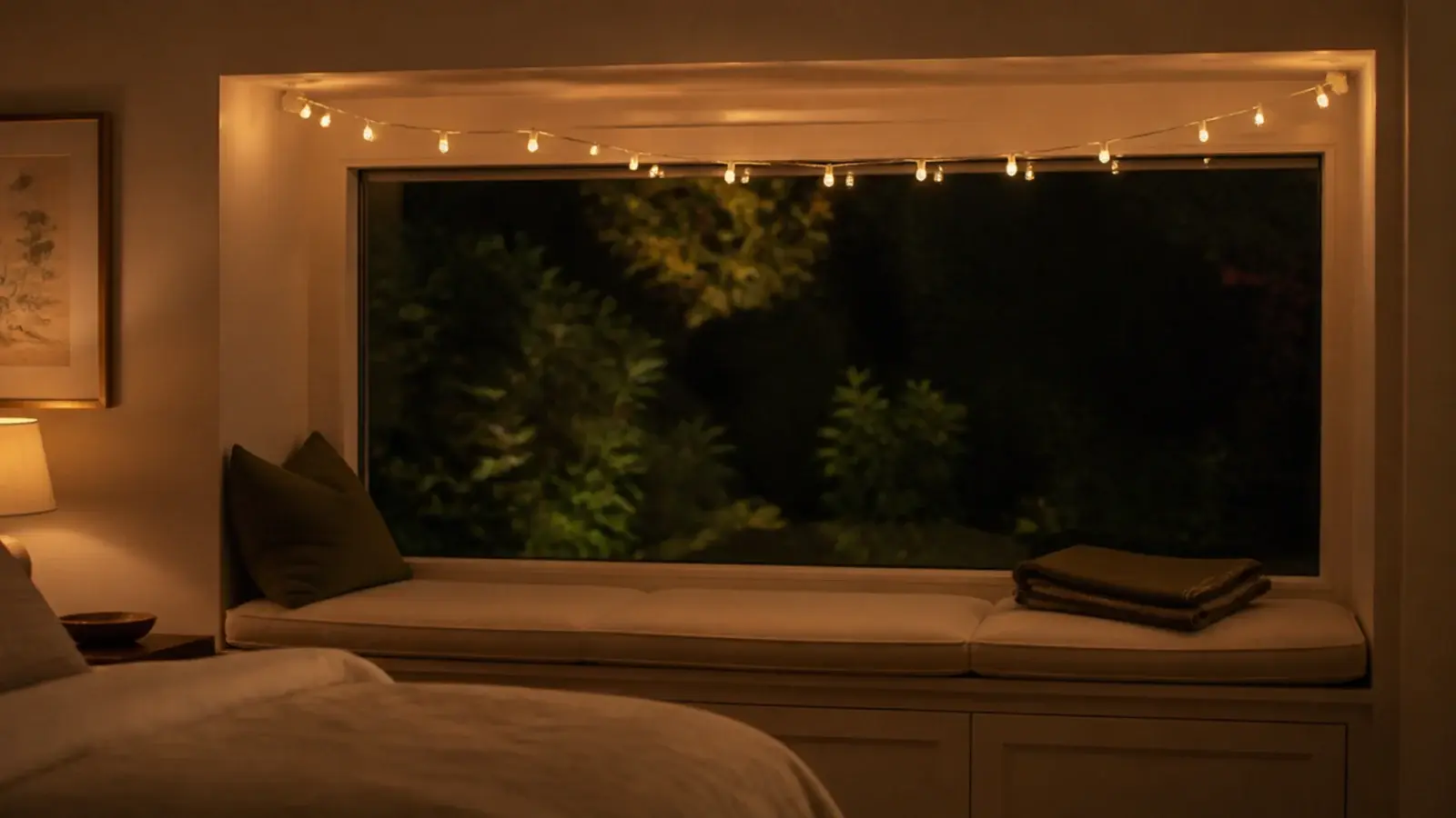 cushioned window seat lit by lights inside the reveal above