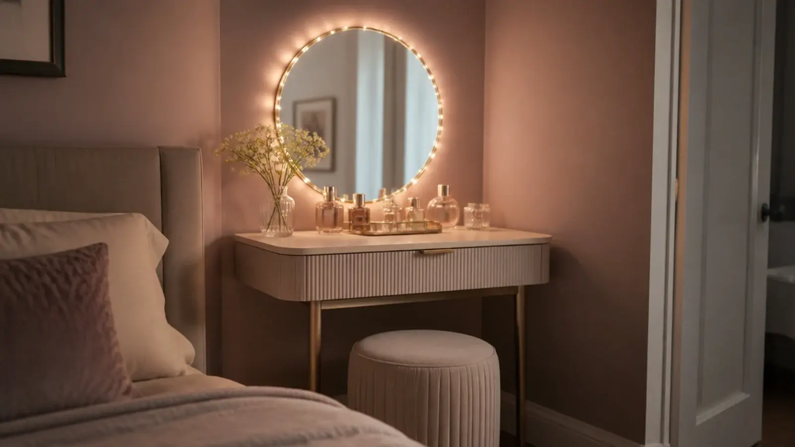 corner vanity table with a lit mirror and warm surrounding strand