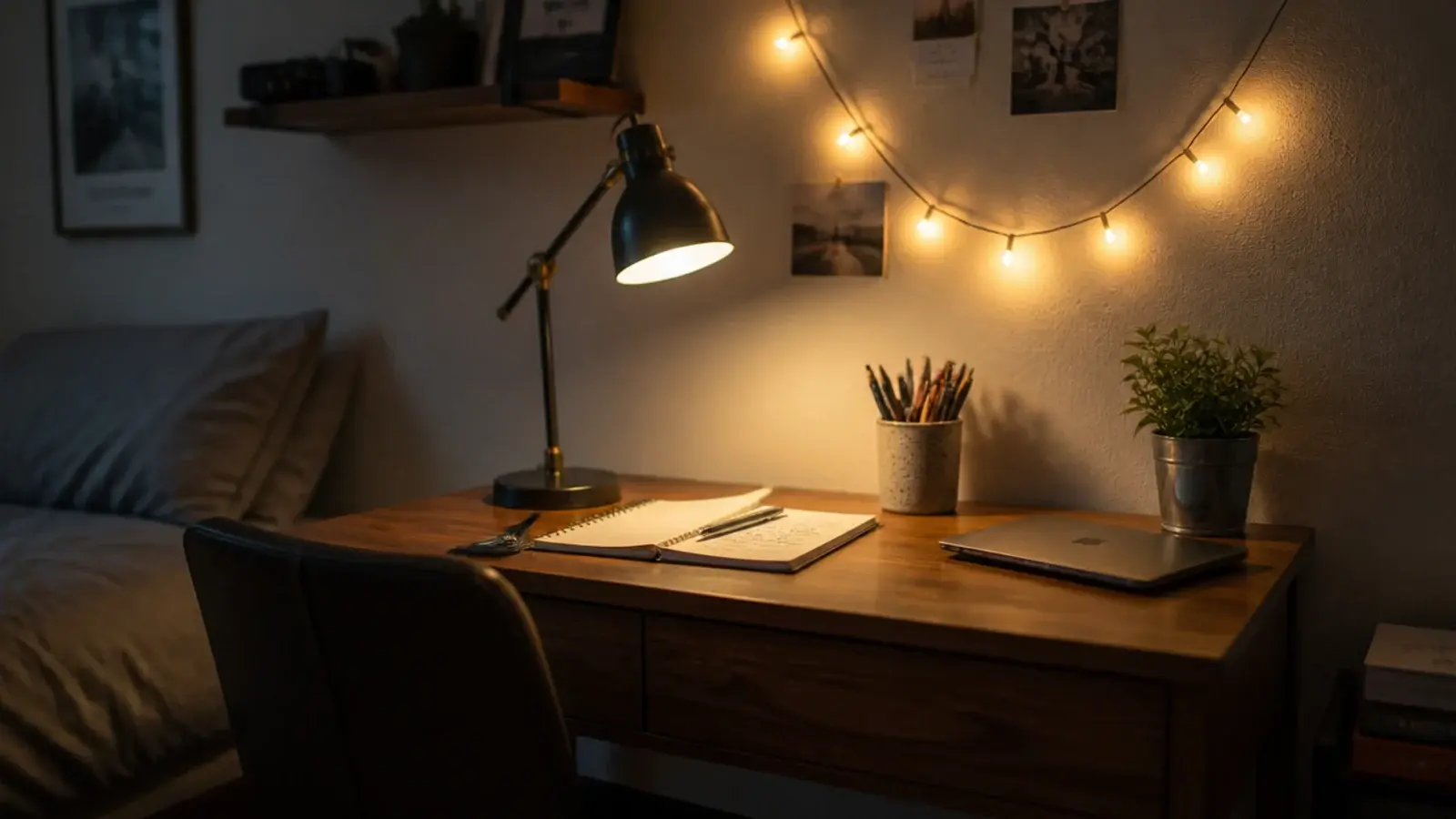 compact corner desk with warm lights above and a task lamp