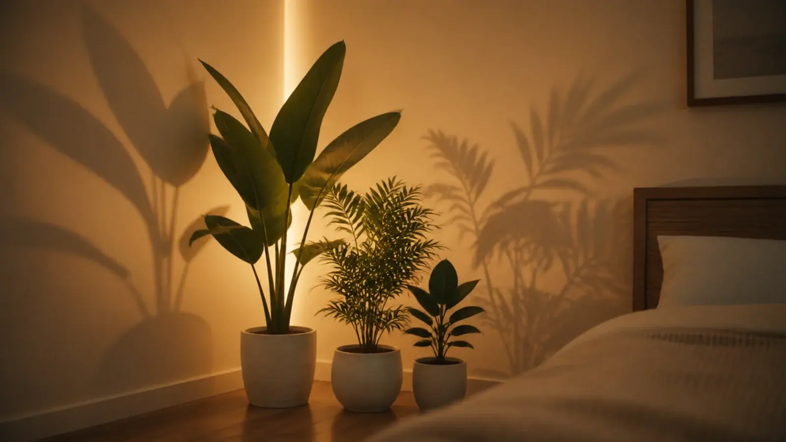 grouped houseplants in a corner backlit by a hidden strand